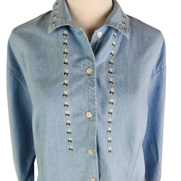 Talbots Vintage Petite Large Blue Floral Embroidered Button Shirt Boho - Picture 1 of 11